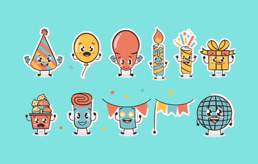 Naklejka premium Cute anthropomorphic birthday celebration icons, including a party hat, balloon, candles, gift, cupcake, streamer, and disco ball with expressive faces