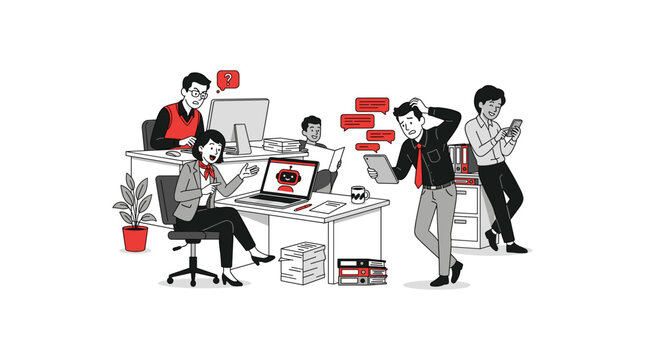 People in office working with AI bots and experiencing frustration or engagement.
