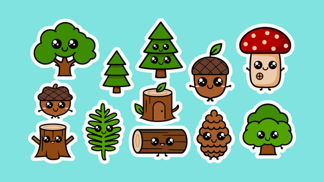 Cute Cartoon Forest Elements Set with Kawaii Trees, Mushroom, Acorn, and Wood Log Stickers on Blue Background