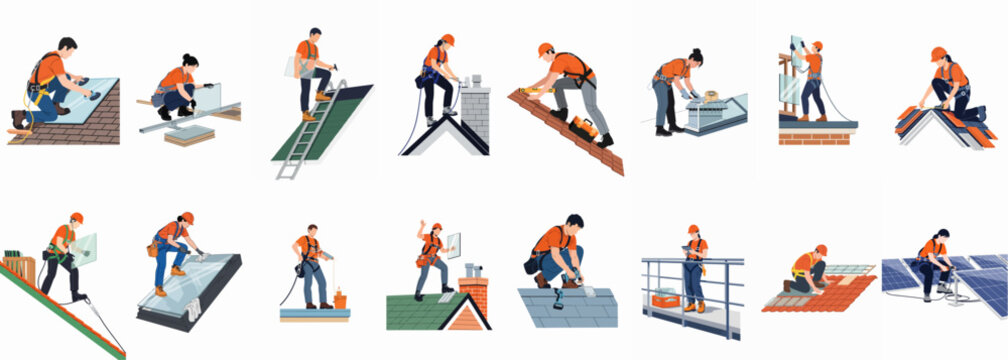 Professional roofers and construction workers performing various roofing tasks, installations, and repairs in a flat vector illustration set isolated on white background.