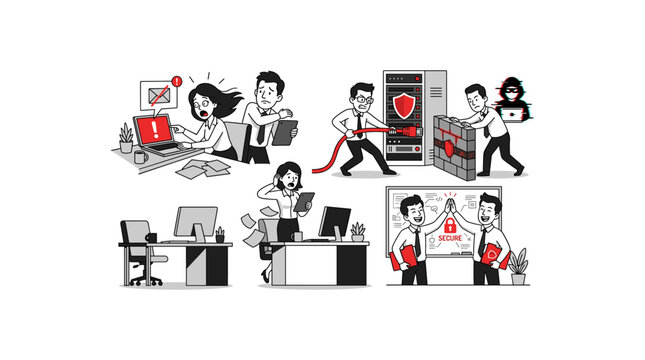 Cybersecurity team working together to protect company data from hackers and virus attacks.