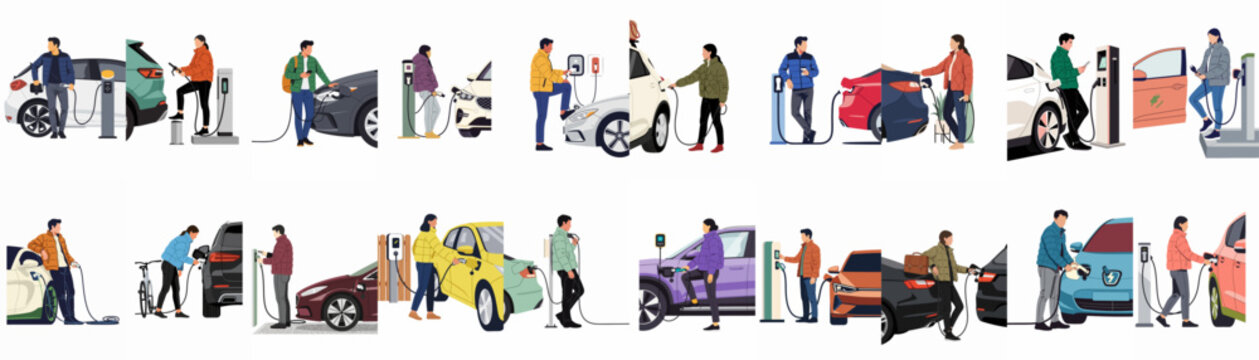 Collection of flat vector illustrations showing diverse people charging their electric vehicles at various public and home charging stations.