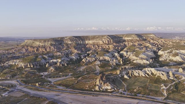 Drone Footage of Uchisar Castle and Goreme View in Cappadocia Nevsehir Turkey with Fairy Chimneys and Scenic Valleys