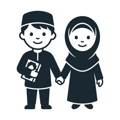 Fototapeta premium Muslim children vector icon, cute boy and girl in Islamic clothing holding hands, religious education concept art