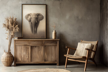Living room interior decor with an armchair and a framed photo print of an elephant on wooden furniture, sepia rustix african style © Delphotostock