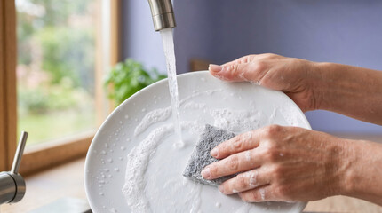 Fototapeta premium Person cleaning a white plate with a sponge under running water.