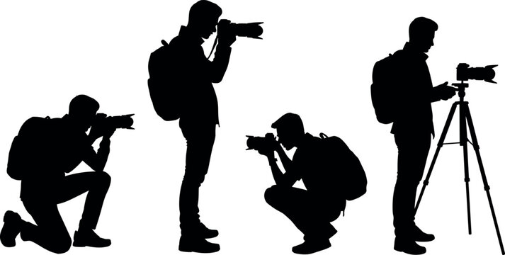 Silhouettes of professional photographers with cameras and backpacks in various poses isolated on a clean white background