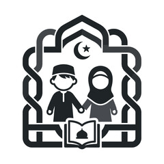 Fototapeta premium Islamic education vector icon, Muslim children reading Quran, religious school logo with boy and girl in mosque frame