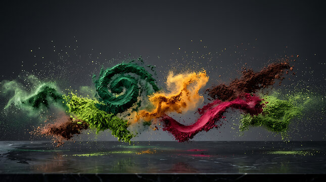 Vibrant multicolored powder clouds swirl in a dynamic artistic explosion against a dark background creating a beautiful high contrast scene