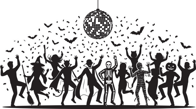 Halloween party silhouette concept with diverse people dancing under a disco ball in witch, vampire, skeleton, mummy, devil costumes with falling confetti.