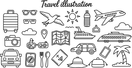 Collection of travel themed outline icons featuring various vacation items like transportation, landmarks, and accessories on white background © Hena