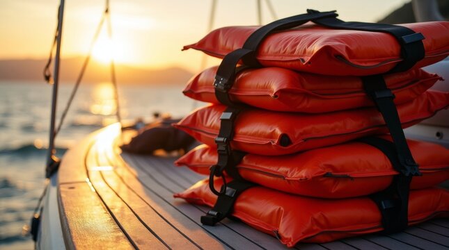 Stack of bright orange life jackets on a sailboat deck at sunset.