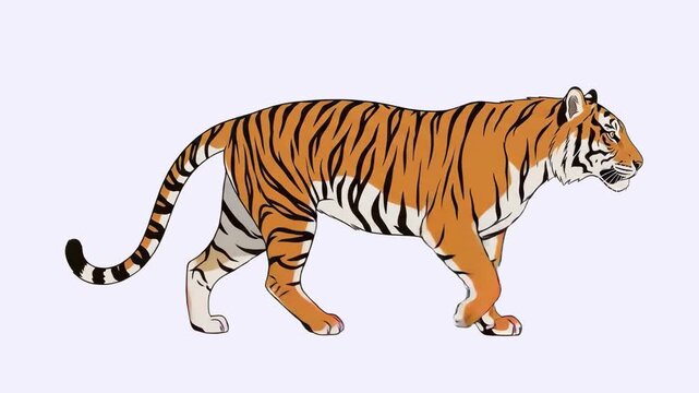 A professional 2D animated graphic showcasing a Bengal tiger with classic stripes walking in a side profile view. Rendered in a clean vector style against a plain off-white studio backdrop, tailored f
