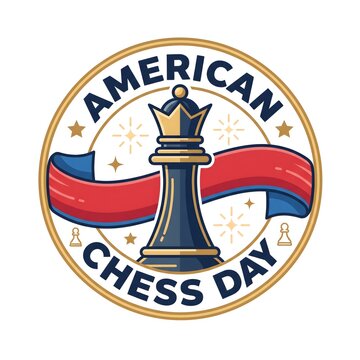 American chess day circular emblem featuring queen piece and red white blue ribbon banner.