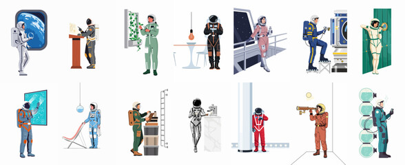 Diverse collection of twelve astronaut illustrations depicting various tasks and daily life activities aboard a futuristic space station or spaceship. © Isabella