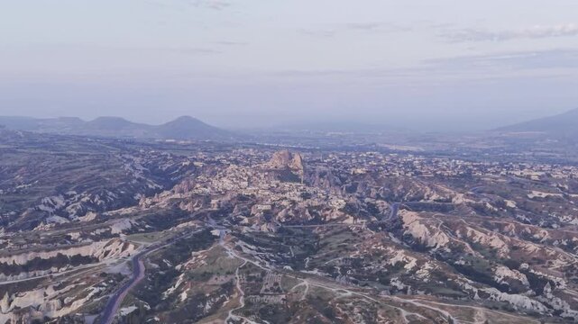 Drone Footage of Uchisar Castle and Goreme View in Cappadocia Nevsehir Turkey with Fairy Chimneys and Scenic Valleys