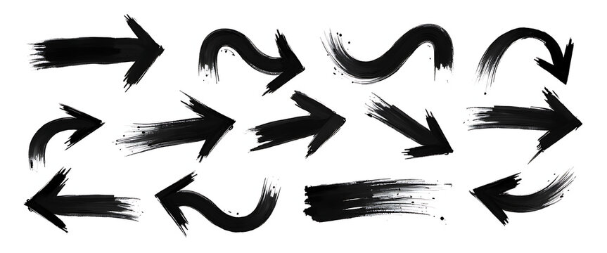 Black painted arrow set brush strokes isolated on white background for design and art creative elements graphic pointers direction.