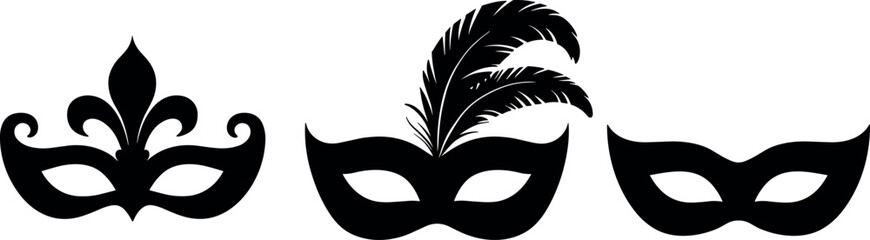 Set of three masquerade masks silhouettes including fleur de lis and feather designs for carnival party themes. © Hena