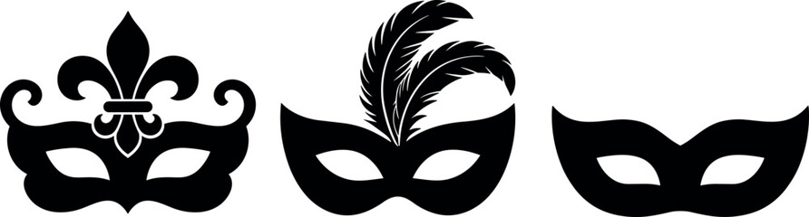 Set of three masquerade masks silhouettes including fleur de lis and feather designs for carnival party themes. © Hena