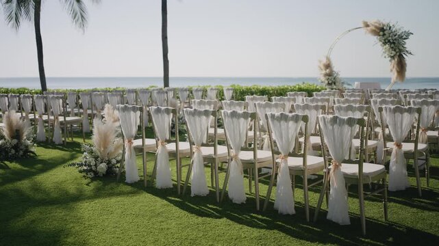 An elegant outdoor wedding ceremony setup on a lush green lawn, featuring rows of white-covered chairs and a floral arch facing the ocean, creating a luxurious and romantic atmosphere.