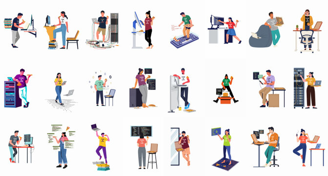Collection of Diverse Developers and IT Professionals Working on Computers and Servers While Eating Pizza in Flat Vector Style