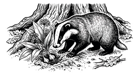 Vintage badger woodcut illustration, hand drawn forest animal engraving, black and white wildlife vector art for nature books and rustic branding © sajida
