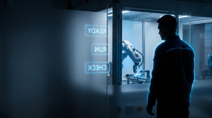 Fototapeta premium Male engineer interacting with futuristic holographic interface in automated smart factory with robotic arm and copy space