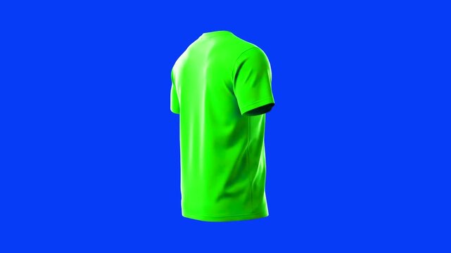 A detailed 3D rendering of a blank men's lime green crewneck t-shirt, showcasing the back and side view. Suspended against a chroma key blue screen background, this apparel asset is perfect for clothi