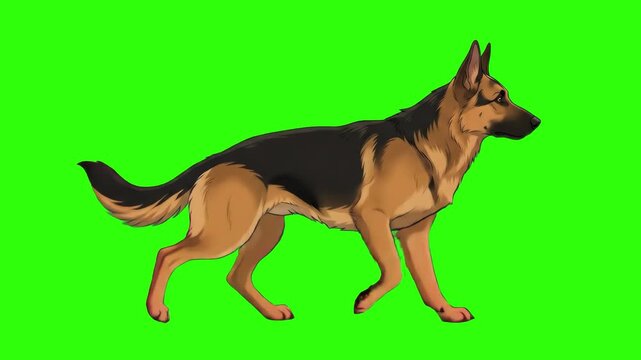 A classic 2D animated asset showing a German Shepherd dog walking in a clean, hand-drawn vector style. View from the side, isolated against a chroma key green screen background for seamless compositin
