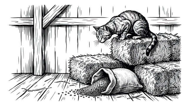 Vintage woodcut barn cat illustration, rustic farm feline hunting on hay bales, black and white hand-drawn sketch of a cat in a stable with grain sack