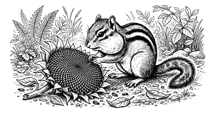 Vintage chipmunk engraving, wild squirrel eating sunflower seeds in forest, black and white woodcut style wildlife illustration vector