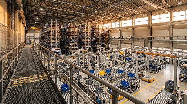 Modern automated warehouse with robotic assembly line, high-density storage racks, and conveyor system in a large industrial factory facility with copy space