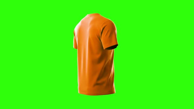 A back view template of a blank orange cotton t-shirt, isolated on a solid green chroma key background. Great for apparel branding presentations, online store promo videos, color-changing wardrobe ani