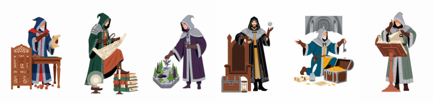 Set of fantasy dungeon master characters in hooded robes performing various tabletop RPG tasks including map reading, dice rolling, and managing treasure.