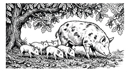 Vintage woodcut illustration of a mother pig with piglets, rustic farm animal scene under an oak tree, hand-drawn black and white sow and litter vector © sajida