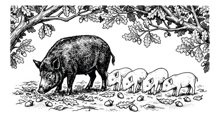 Vintage wild boar family engraving, sow with piglets in oak forest, black and white woodcut illustration of forest animals foraging for acorns © sajida
