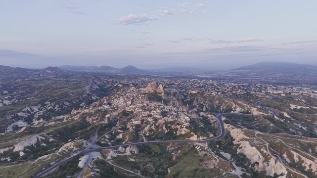 Drone Footage of Uchisar Castle and Goreme View in Cappadocia Nevsehir Turkey with Fairy Chimneys and Scenic Valleys