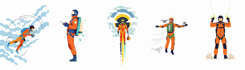 Set of Skydiver and Extreme Sports Illustrations Featuring High-Altitude Activities, Drone Control, and Jetpack Flight in a Modern Flat Vector Design Style © Pitu