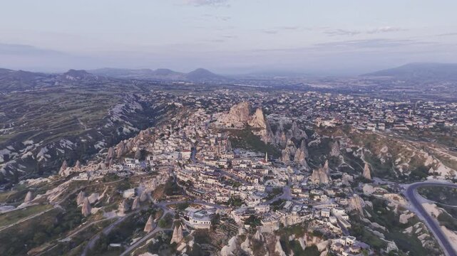 Drone Footage of Uchisar Castle and Goreme View in Cappadocia Nevsehir Turkey with Fairy Chimneys and Scenic Valleys