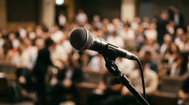 Teacher day appreciation event microphone at podium with blurred audience background