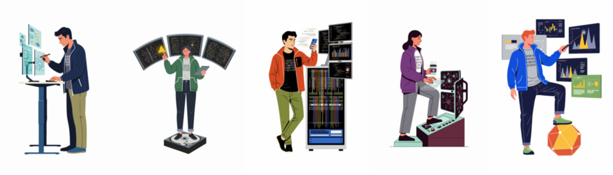 Collection of diverse professionals including developers, data analysts, and system administrators working with advanced technology, servers, and digital data visualizations.