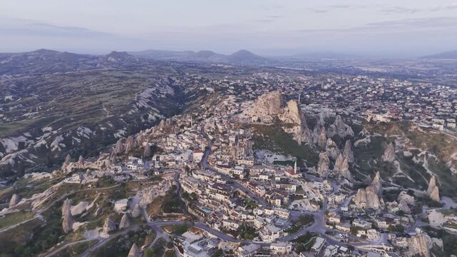Drone Footage of Uchisar Castle and Goreme View in Cappadocia Nevsehir Turkey with Fairy Chimneys and Scenic Valleys