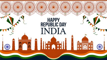 Obraz premium Happy republic day india celebration with famous monuments