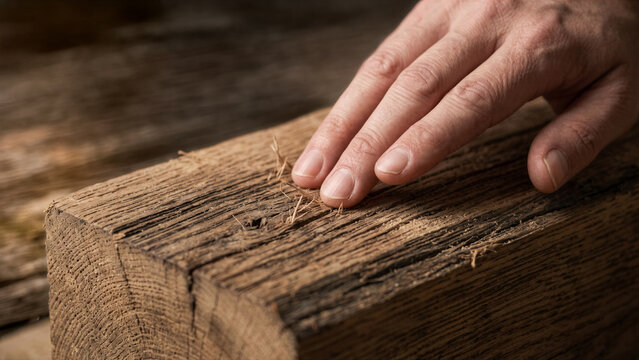 Detailed wood grain texture on raw timber block with a human hand skin touching the rough organic splinters