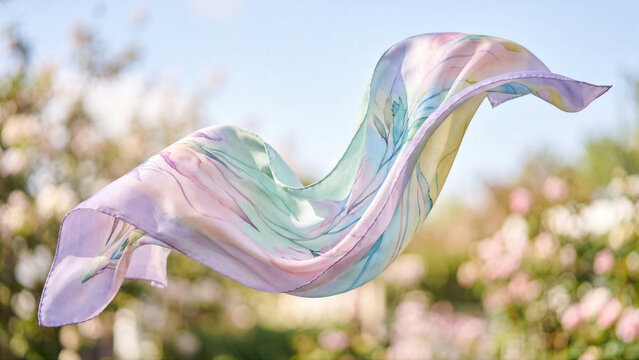 Smooth fluid motion of a silk scarf fluttering in air with pastel gradients capturing light airy sensory texture