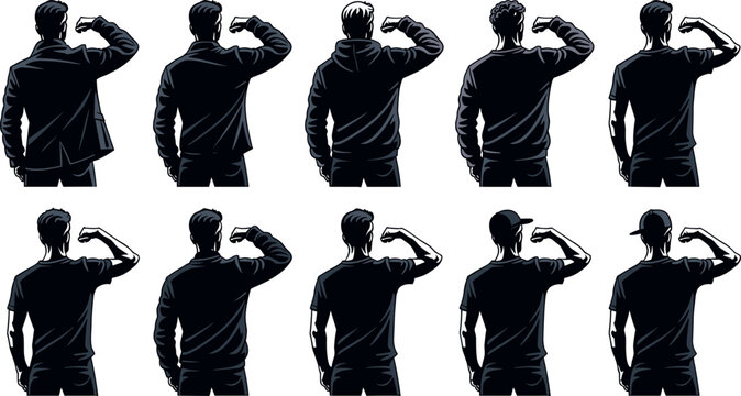 Back View Men Silhouette Vector Set Featuring Stylized Poses of Male Figures Flexing Biceps and Wearing Hoodies, Jackets, and Caps for Graphic Designs