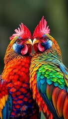 Obraz premium Vibrant fowl friends pose together, feathers ablaze with color, chickens, ||vibrant