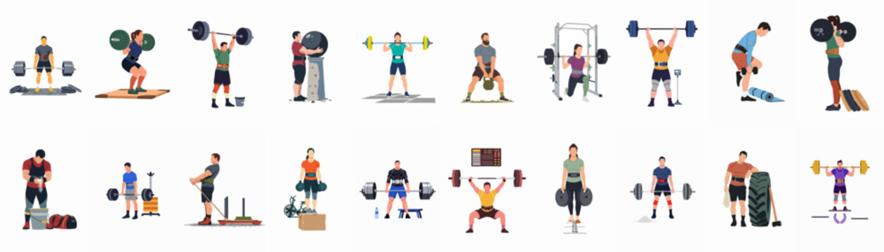 Collection of diverse powerlifting and strongman athletes performing various strength training exercises like deadlifts, squats, and overhead presses in a flat vector style.