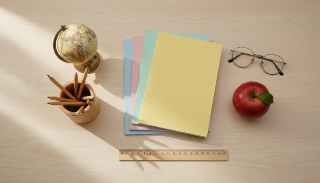 School supplies on desk, stationery for learning, educational tools, study environment, academic essentials, student workspace, classroom materials, creative organization, back-to-school preparation