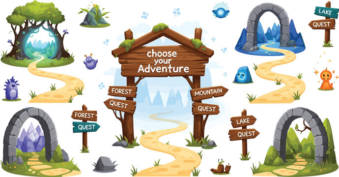 Cartoon role playing game UI element set with magic forest lake and mountain gates destination signposts and cute monste